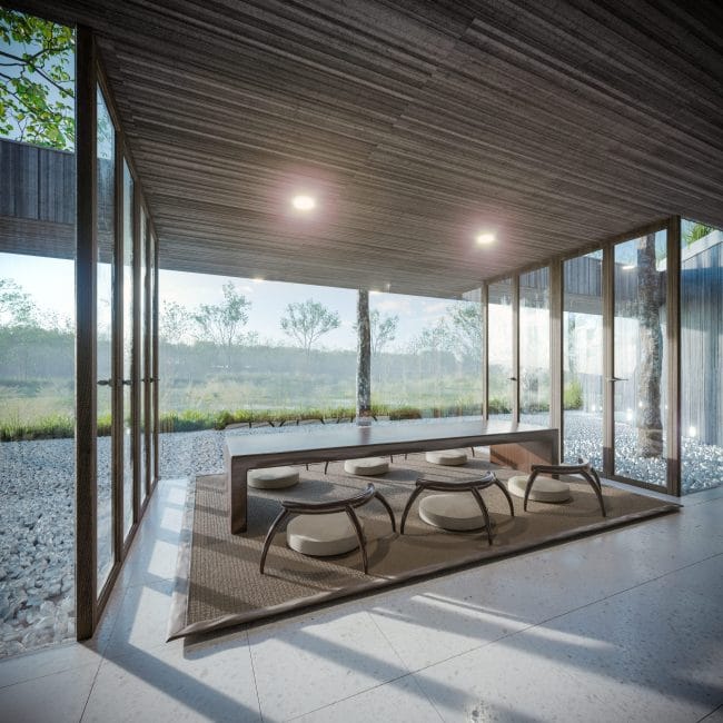 vue 3D d'un temple bouddhiste conçu par ArchStudio