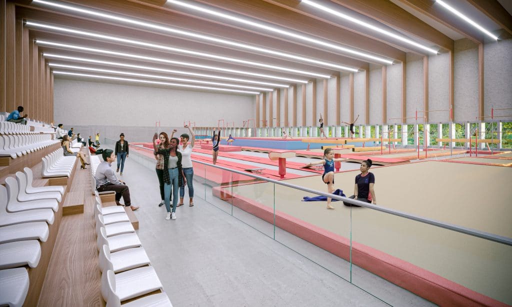 Perspective 3D d’un gymnase pour Basalt architecture, vue de la salle