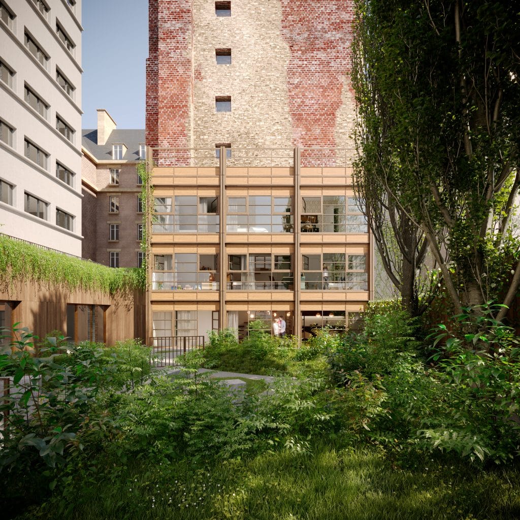 Perspective 3D d’un immeuble d’habitation réhabilité à Paris, vue depuis le cœur d’îlot, pour WAW architectes