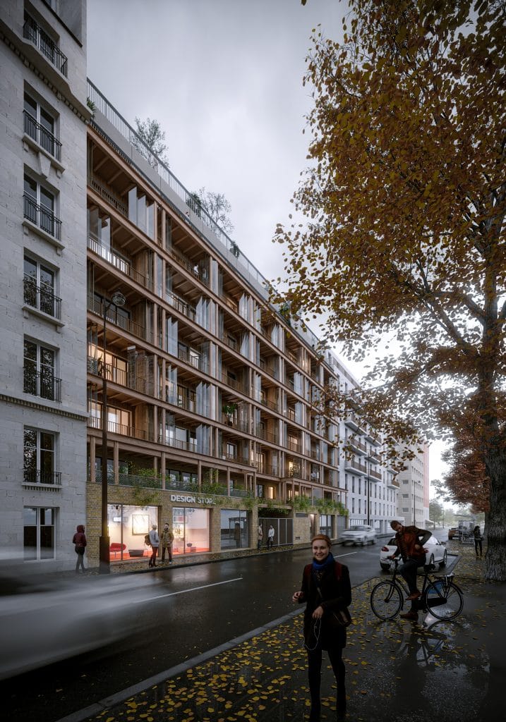 Perspective 3D d’un immeuble d’habitation réhabilité à Paris, vue depuis la rue, pour WAW architectes