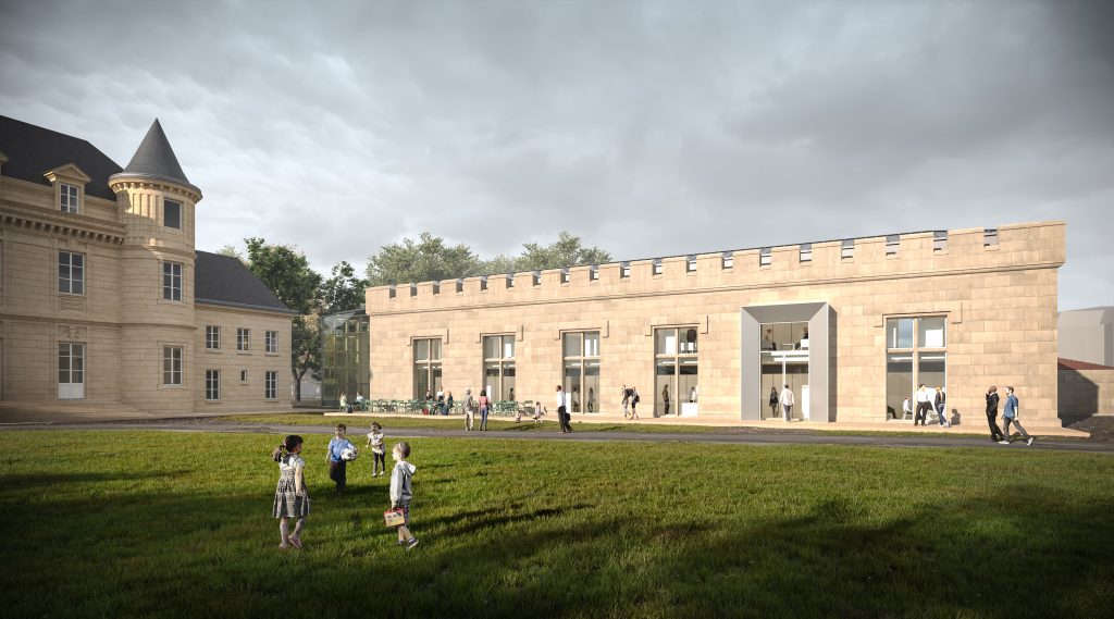 Perspective 3D de l'orangerie en pierre de Lamorlaye, transformée en médiathèque, face au château