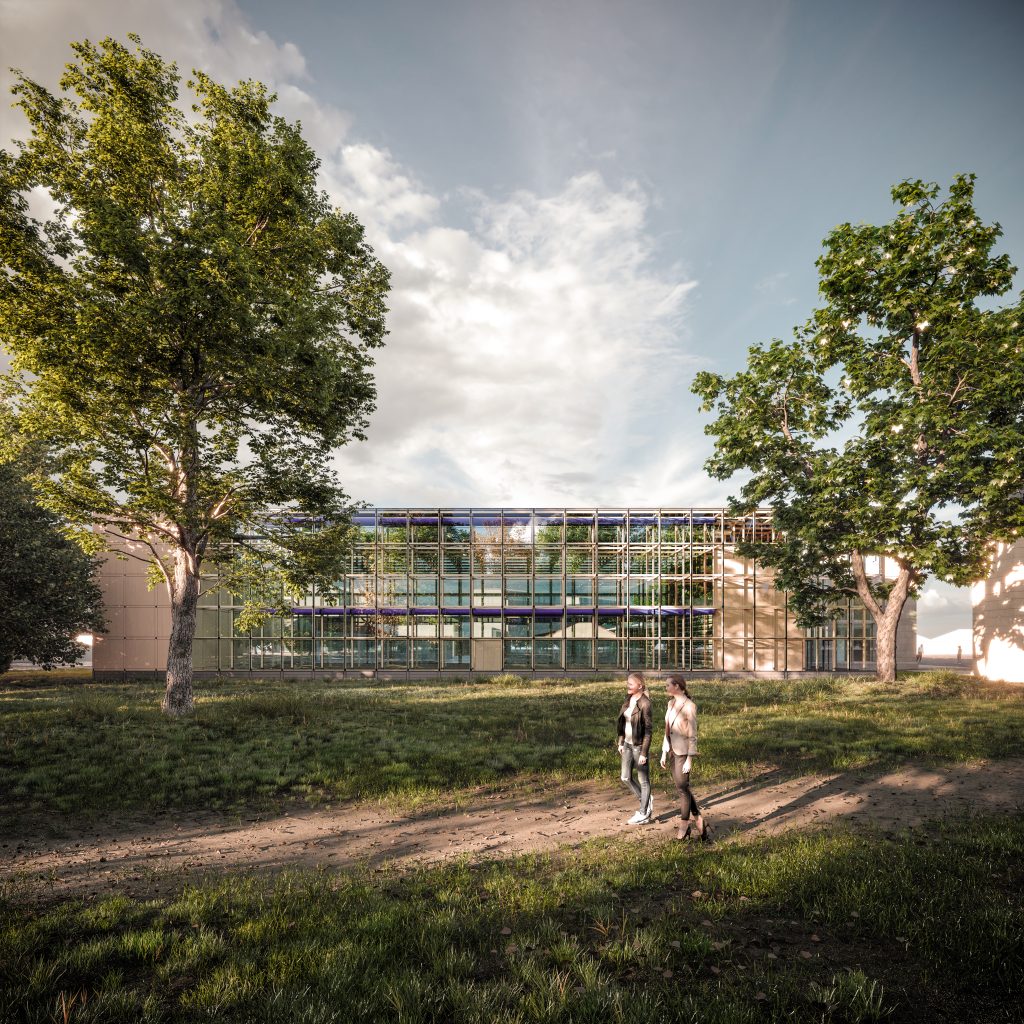 Perspective 3D de la façade vitrée à ossature bois de la médiathèque de Lamorlaye, côté parc