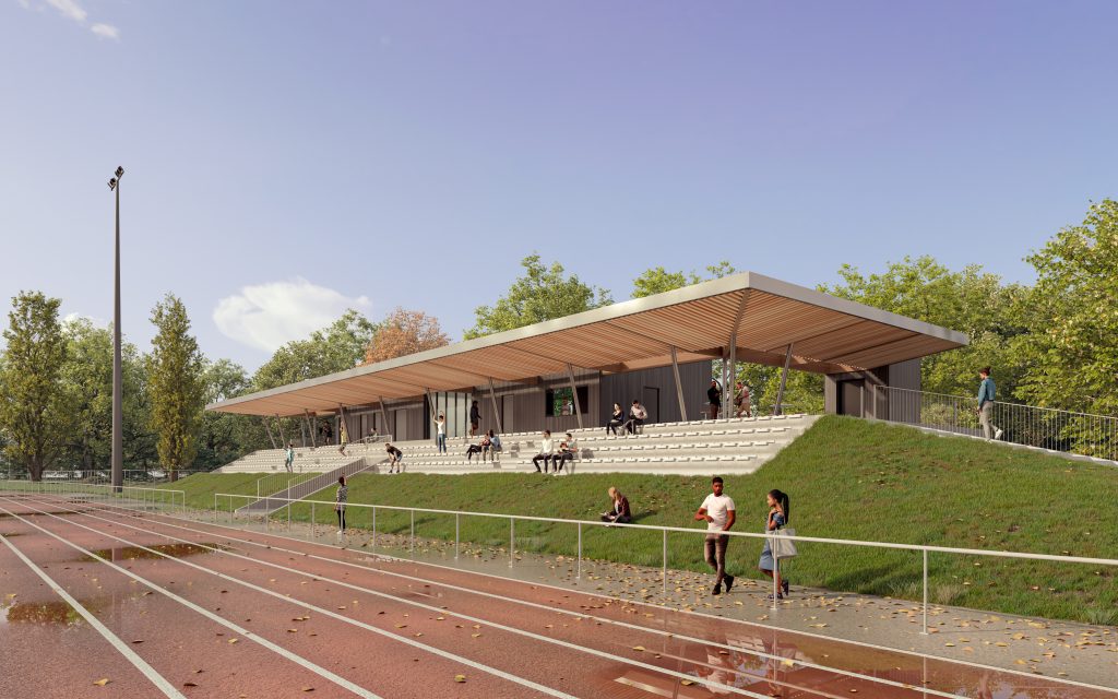 Perspective 3D d’une tribune de stade à Chessy pour Tessier Poncelet architectes