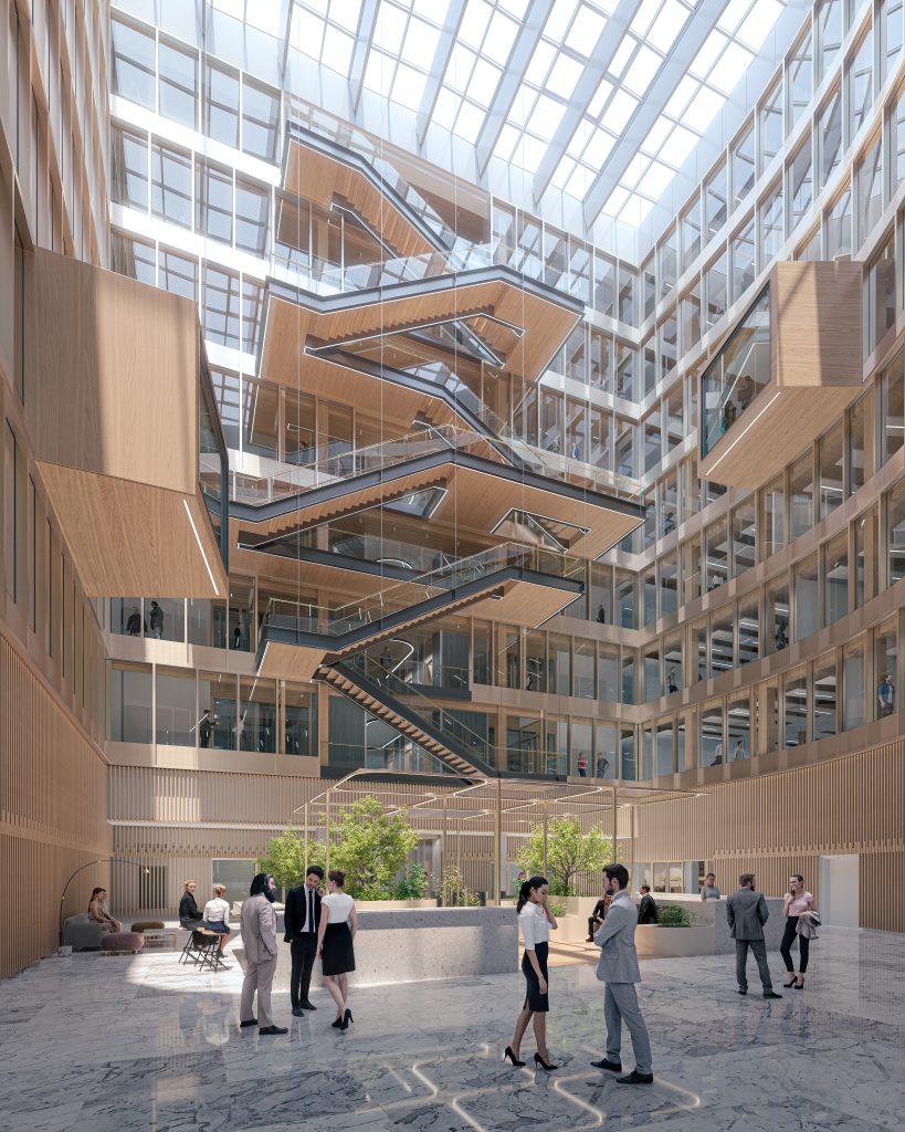 Perspective 3D de l'atrium d'Inspire sous verrière, avec escaliers suspendus en bois et plantations