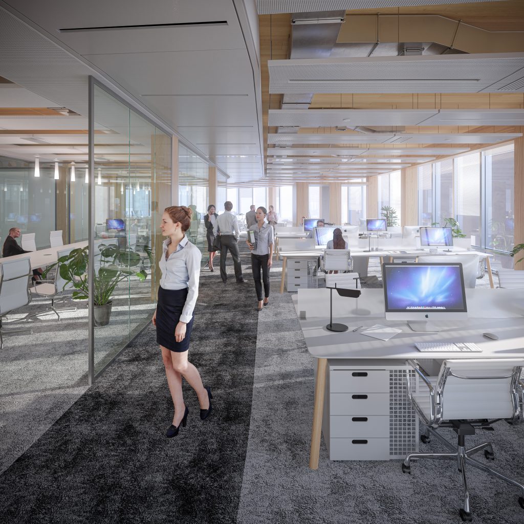 Perspective 3D d'un plateau de bureaux d'Inspire, avec poteaux en bois et cloisons vitrées