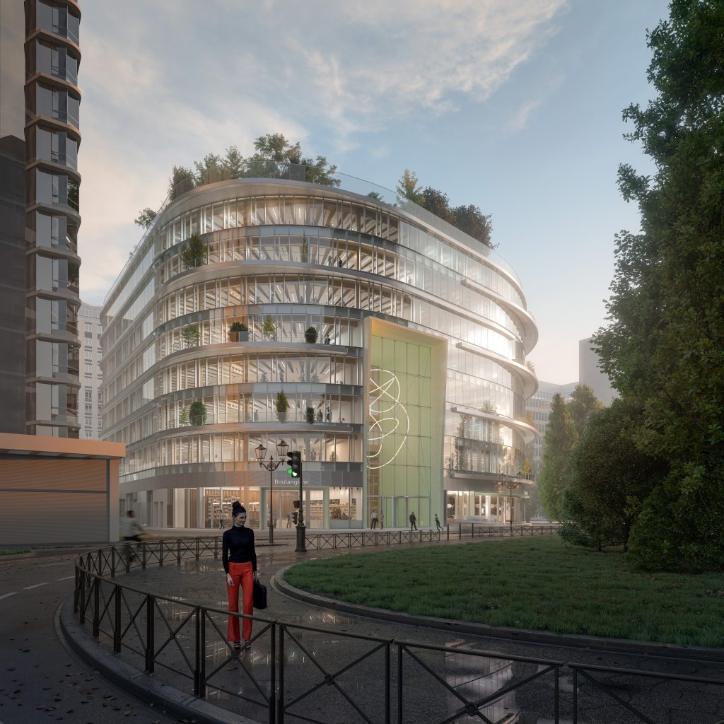 Perspective 3D de la façade courbe de l'immeuble de bureaux en bois Inspire à La Défense, vue de jour