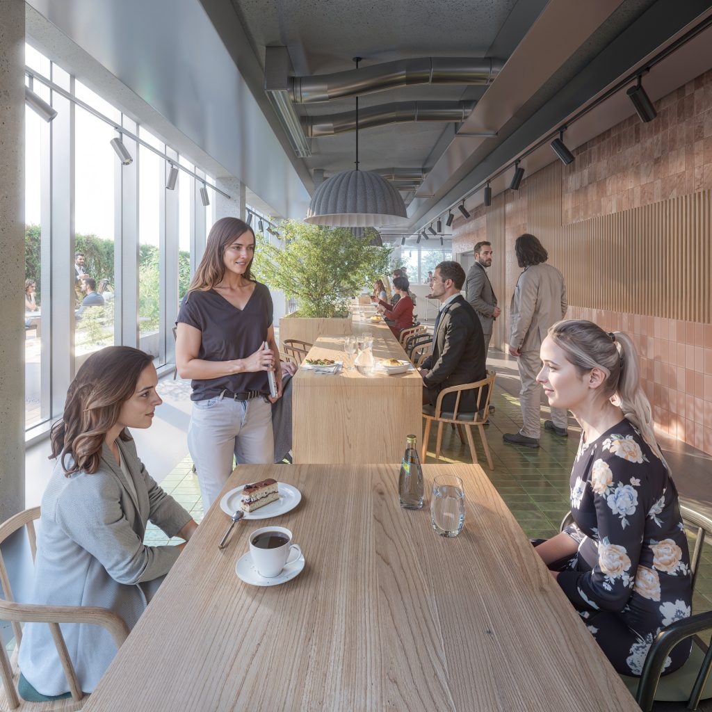 Perspective 3D du restaurant d'Inspire à l'étage, avec grande table commune en bois et terrasse plantée
