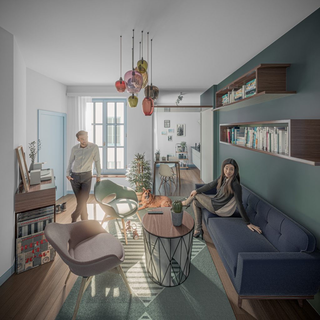Perspective 3D d’un appartement dans un projet de réhabilitation de Marie Schweitzer Architectes à Paris