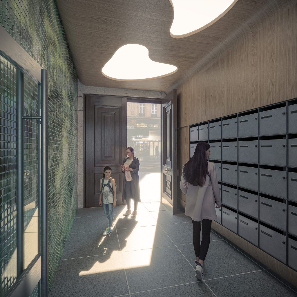 Perspective 3D du hall d’un immeuble parisien réhabilité par Marie Schweitzer Architectes