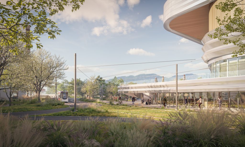 Perspective 3D de la patinoire du Trèfle-Blanc à Lancy, noue paysagère et tramway devant l’arène en bois