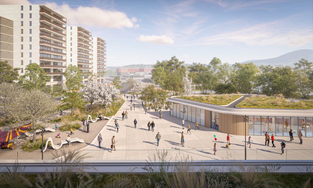 Perspective 3D de l’esplanade de la patinoire du Trèfle-Blanc à Lancy, vue depuis le balcon, avec pavillon à toit végétalisé