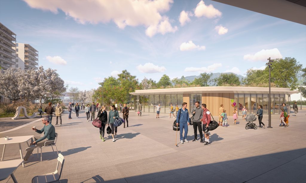 Perspective 3D du parvis de la patinoire du Trèfle-Blanc à Lancy, avec joueurs de hockey et familles