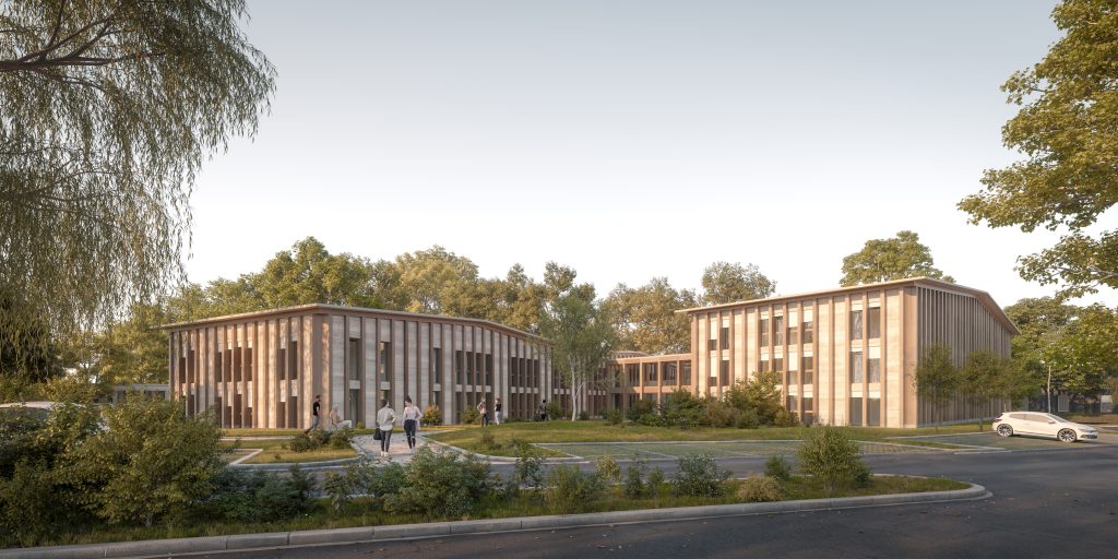 Perspective 3D du centre administratif du Belloy, vue extérieure des deux bâtiments autour du jardin, pour CALQ Architecture