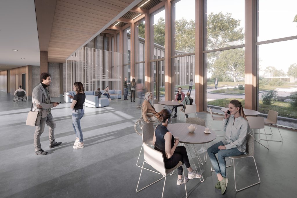 Perspective 3D du hall du centre administratif du Belloy, avec baies vitrées sur le jardin, pour CALQ Architecture